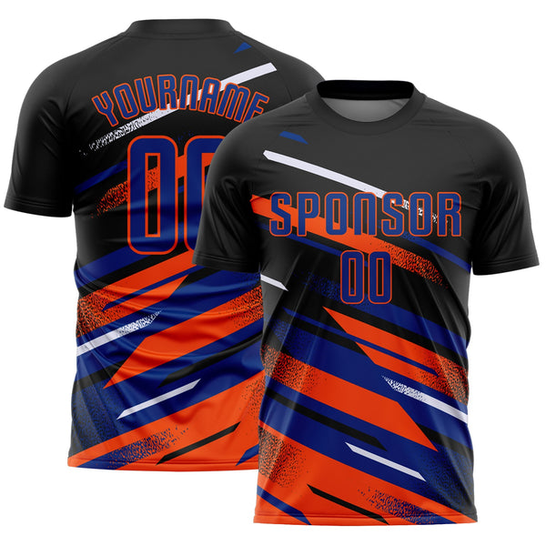 Custom Black Royal Orange-White Grunge Stripe And Grainy Sports Sublimation Soccer Uniform Jersey