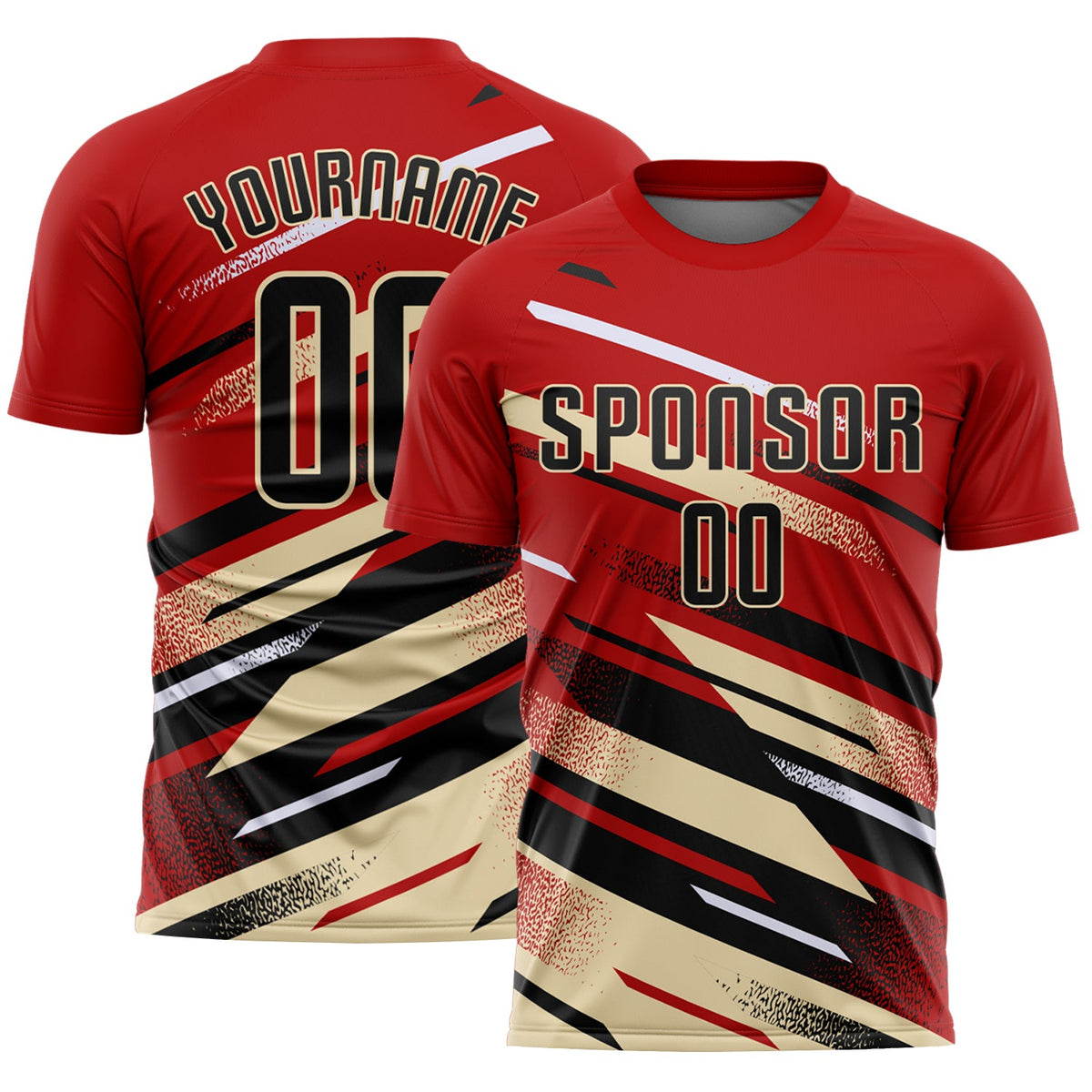 Custom Red Black Cream-White Grunge Stripe And Grainy Sports Sublimation Soccer Uniform Jersey