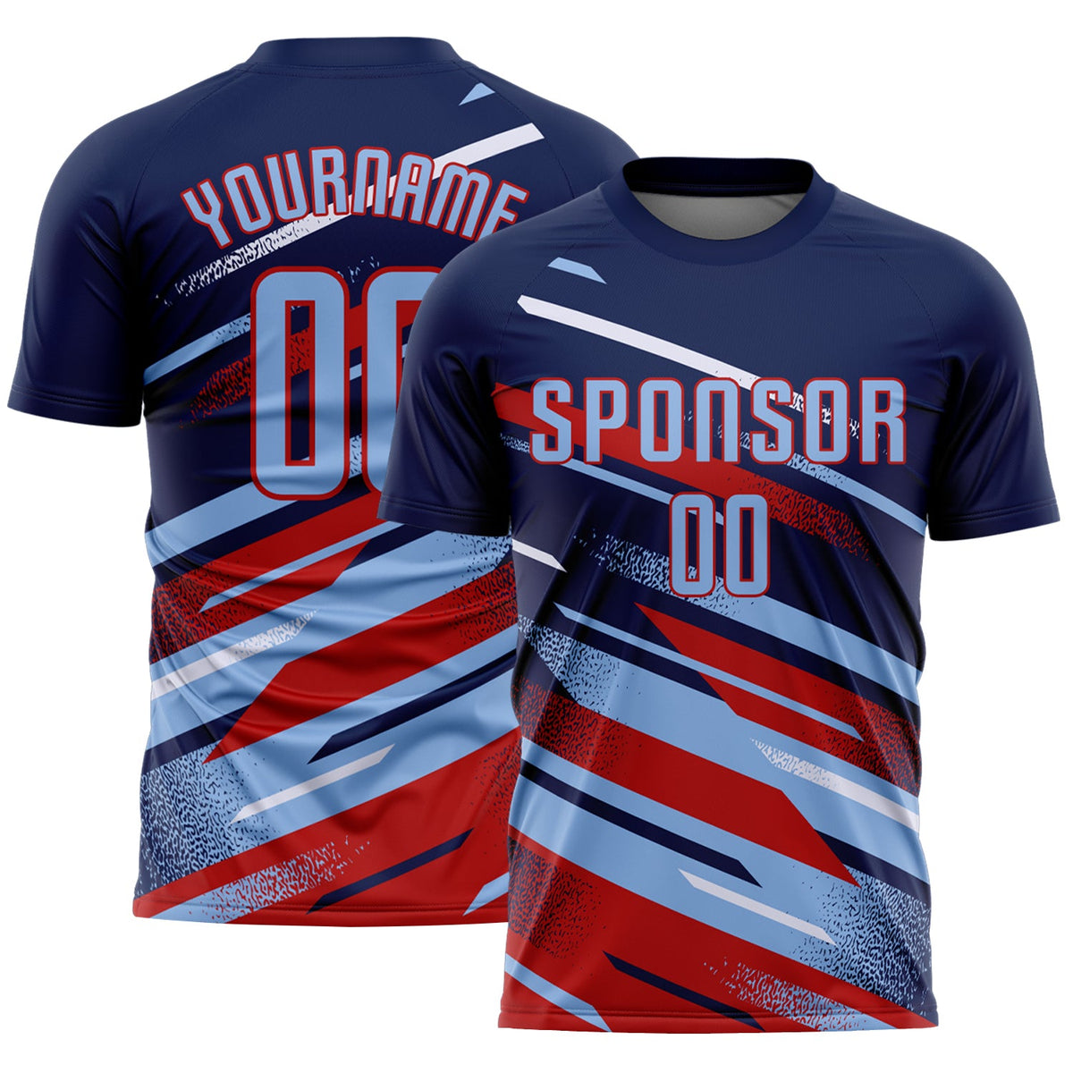 Custom Navy Light Blue Red-White Grunge Stripe And Grainy Sports Sublimation Soccer Uniform Jersey