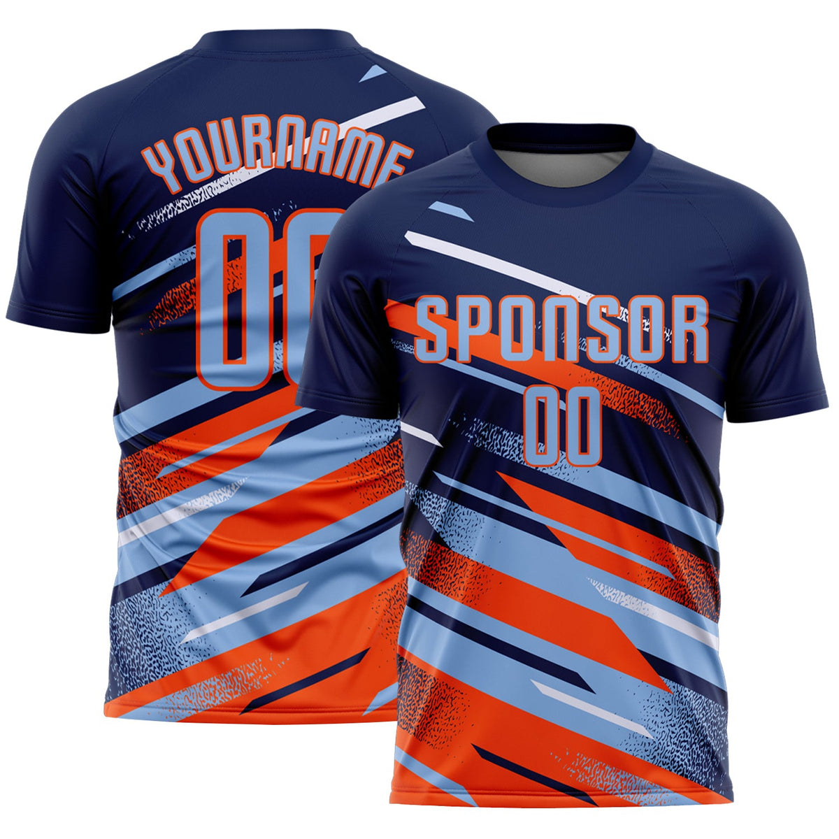 Custom Navy Light Blue Orange-White Grunge Stripe And Grainy Sports Sublimation Soccer Uniform Jersey