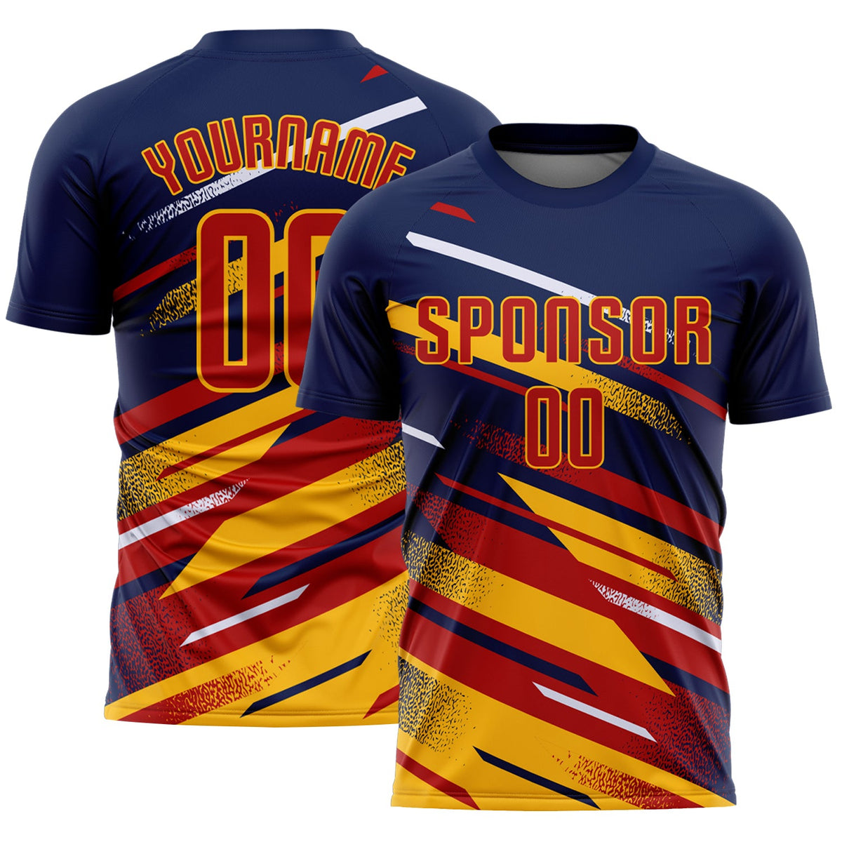 Custom Navy Red Gold-White Grunge Stripe And Grainy Sports Sublimation Soccer Uniform Jersey