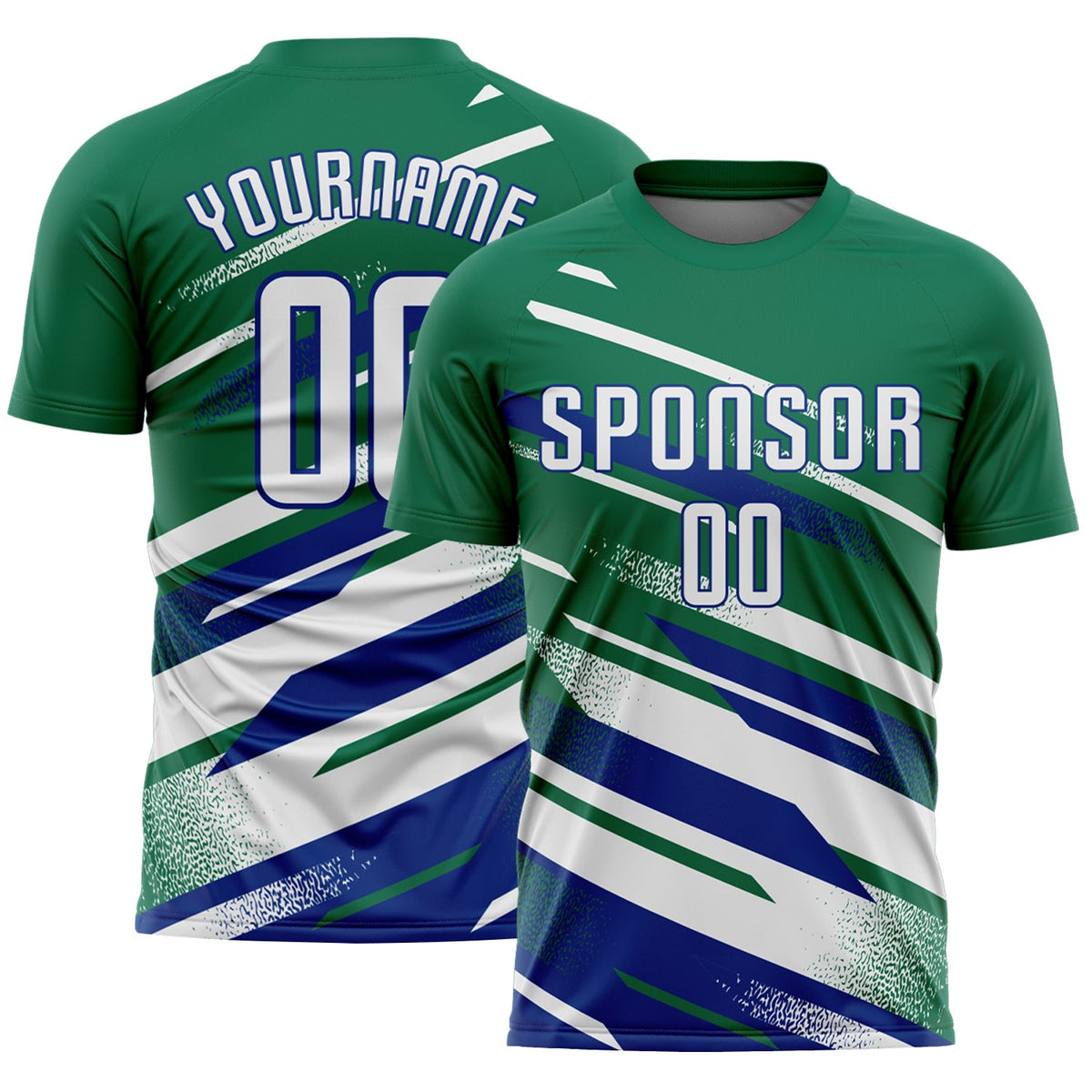 Custom Kelly Green White-Royal Grunge Stripe And Grainy Sports Sublimation Soccer Uniform Jersey