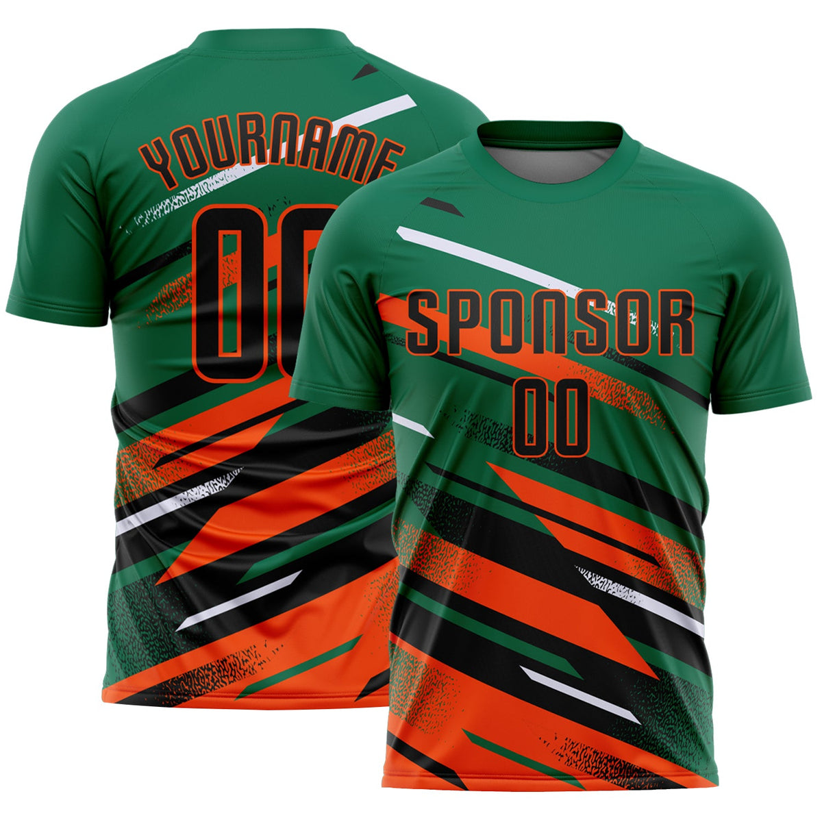 Custom Kelly Green Black Orange-White Grunge Stripe And Grainy Sports Sublimation Soccer Uniform Jersey