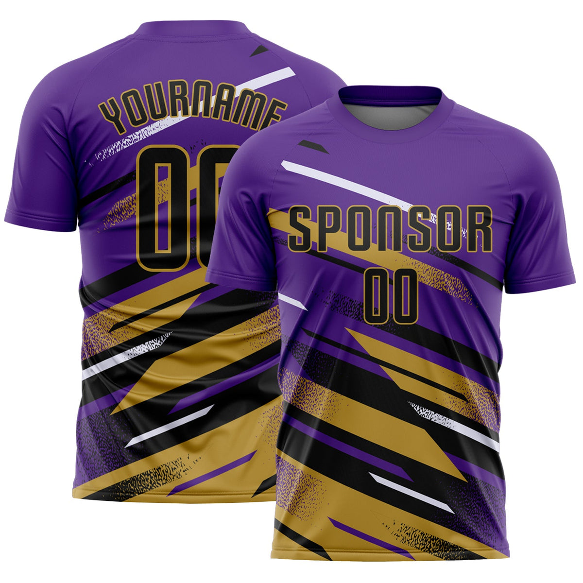 Custom Purple Black Old Gold-White Grunge Stripe And Grainy Sports Sublimation Soccer Uniform Jersey