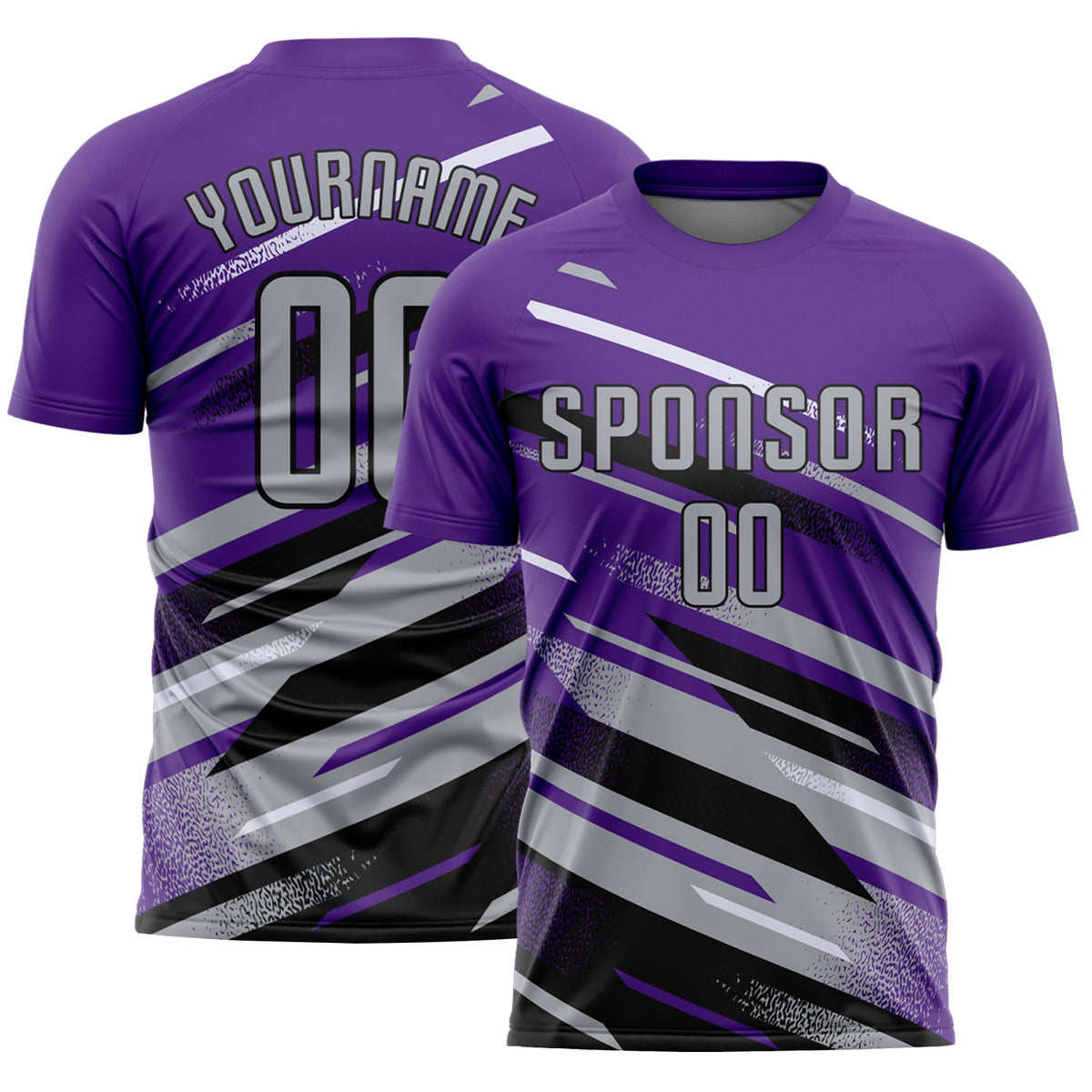 Custom Purple Gray Black-White Grunge Stripe And Grainy Sports Sublimation Soccer Uniform Jersey