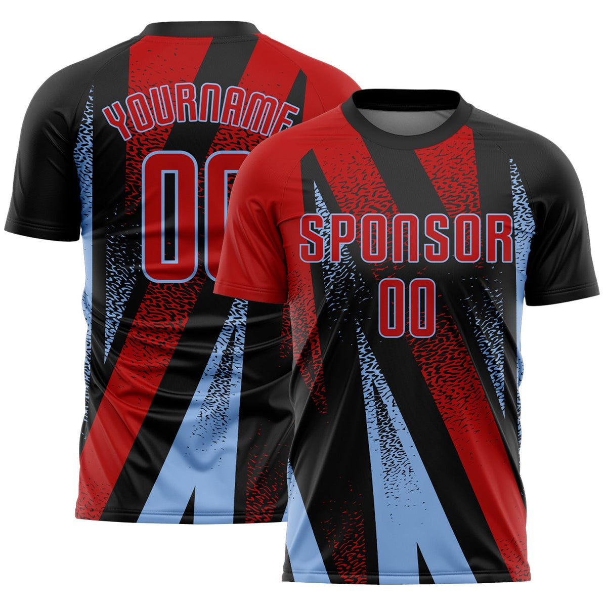 Custom Black Red-Light Blue Radial Burst Sports Sublimation Soccer Uniform Jersey