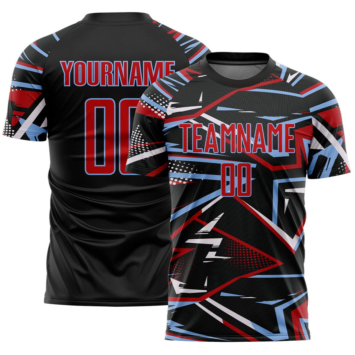 Custom Black Red Light Blue-White Abstract Geometric Stripes Sports Sublimation Soccer Uniform Jersey