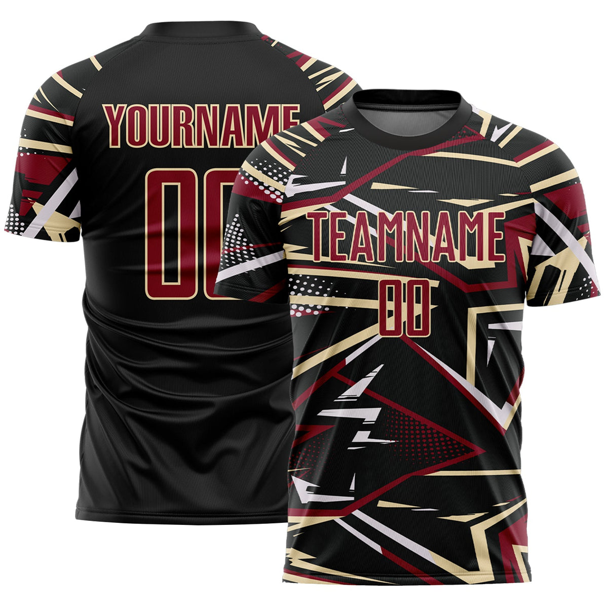Custom Black Crimson Cream-White Abstract Geometric Stripes Sports Sublimation Soccer Uniform Jersey