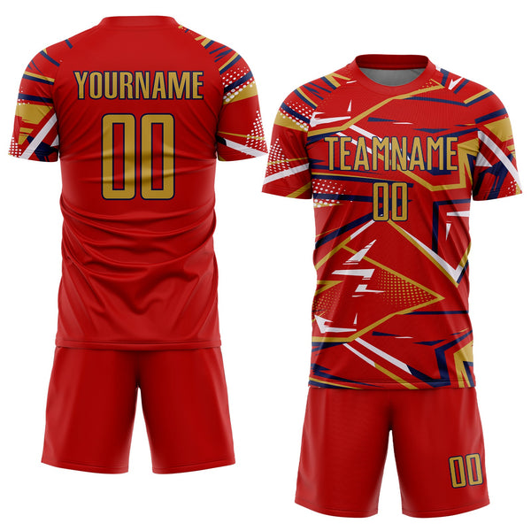 Custom Red Old Gold Navy-White Abstract Geometric Stripes Sports Sublimation Soccer Uniform Jersey alternate