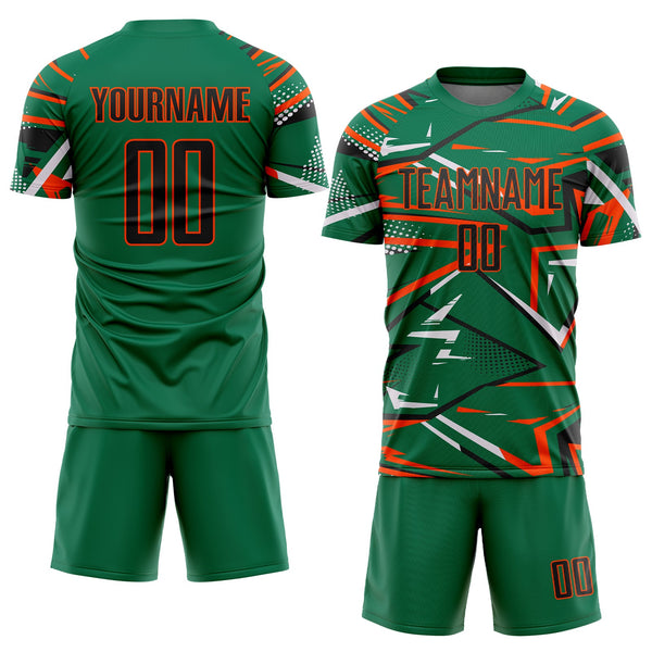 Custom Kelly Green Black Orange-White Abstract Geometric Stripes Sports Sublimation Soccer Uniform Jersey alternate