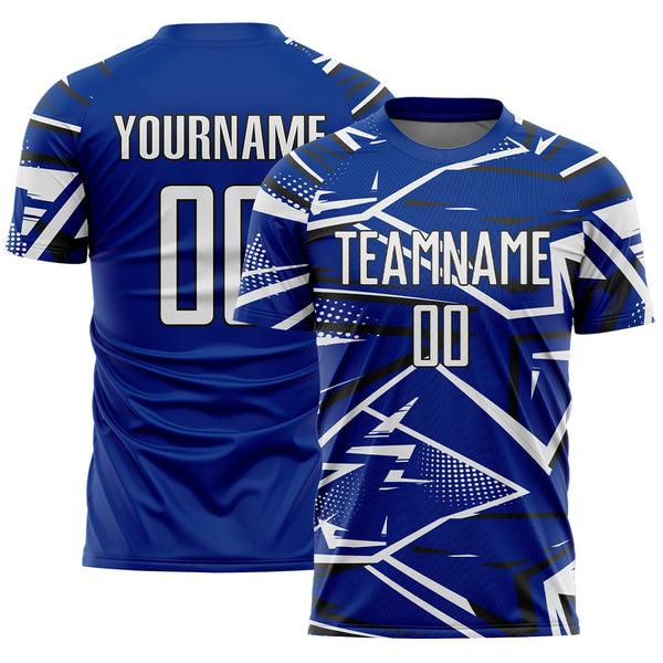 Custom Royal White-Black Abstract Geometric Stripes Sports Sublimation Soccer Uniform Jersey