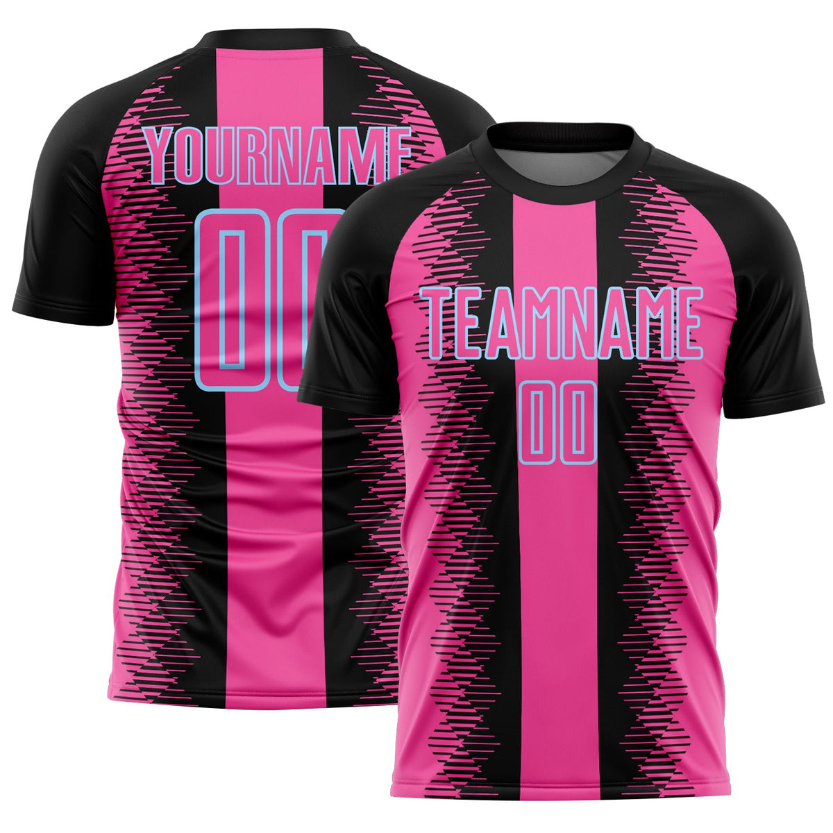 Custom Black Pink-Light Blue Zigzag Diamond Stripe Sports Sublimation Soccer Uniform Jersey