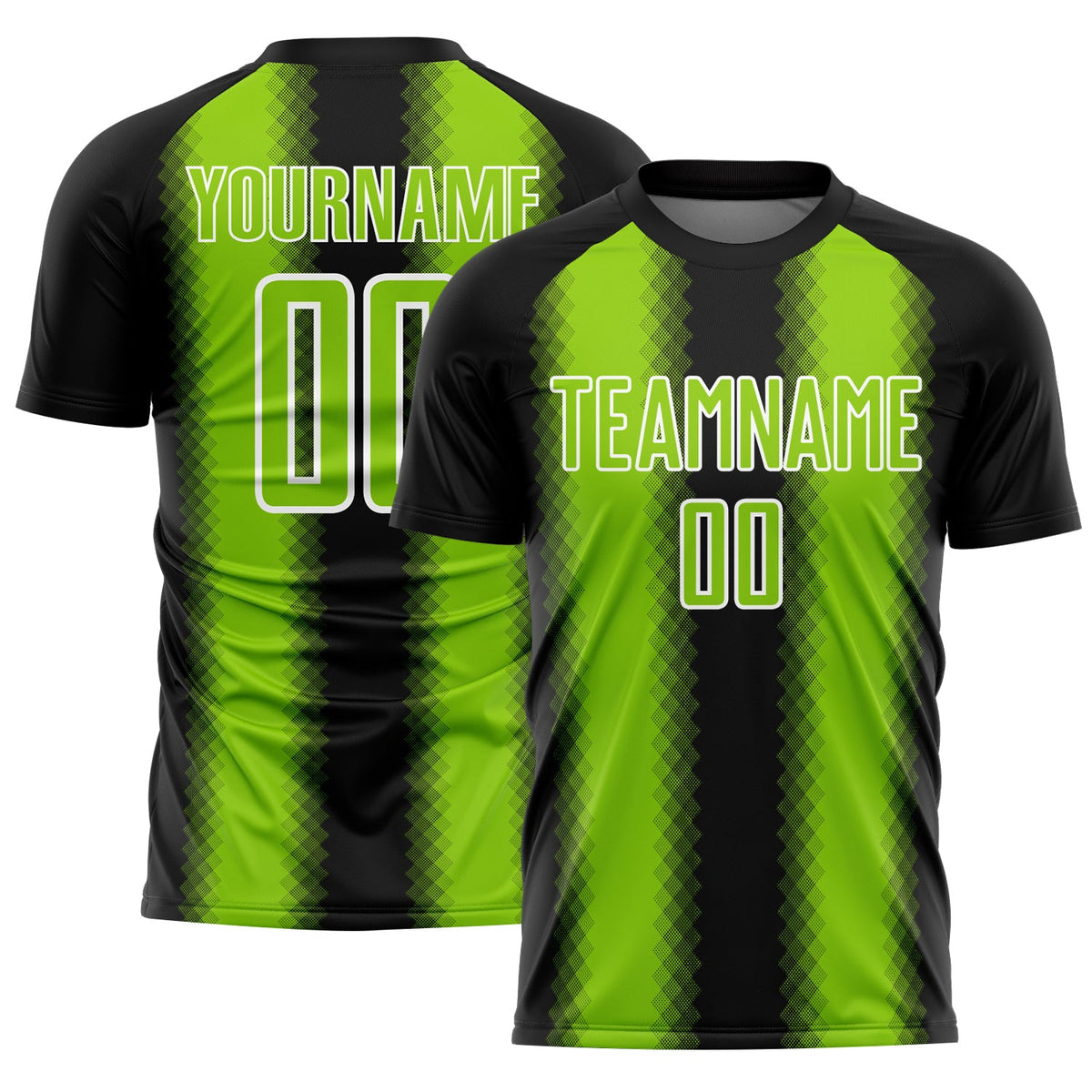 Custom Black Neon Green-White Zigzag Diamond Stripe Sports Sublimation Soccer Uniform Jersey