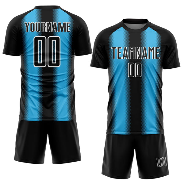 Custom Black Sky Blue-White Zigzag Diamond Stripe Sports Sublimation Soccer Uniform Jersey alternate