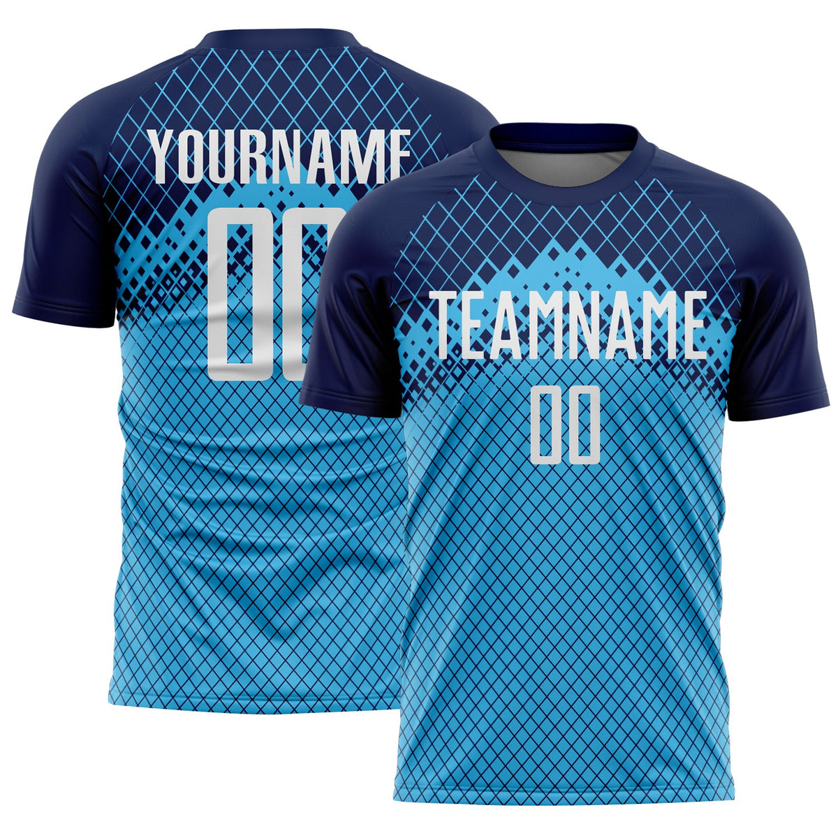 Custom Navy White-Sky Blue Gradient Diamond Grid Sports Sublimation Soccer Uniform Jersey