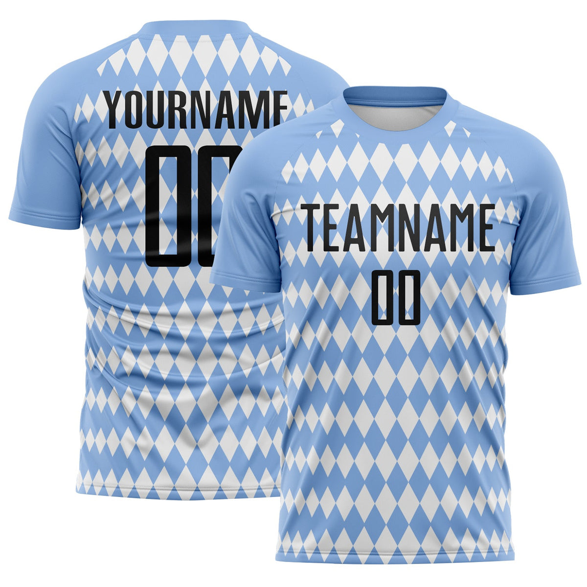 Custom Light Blue Black-White Diamond Harlequin Check Sports Sublimation Soccer Uniform Jersey