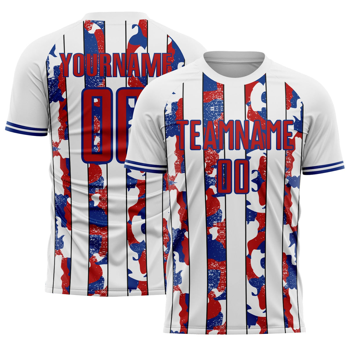 Custom White Red-Royal Camo Stripe Sports Sublimation Soccer Uniform Jersey