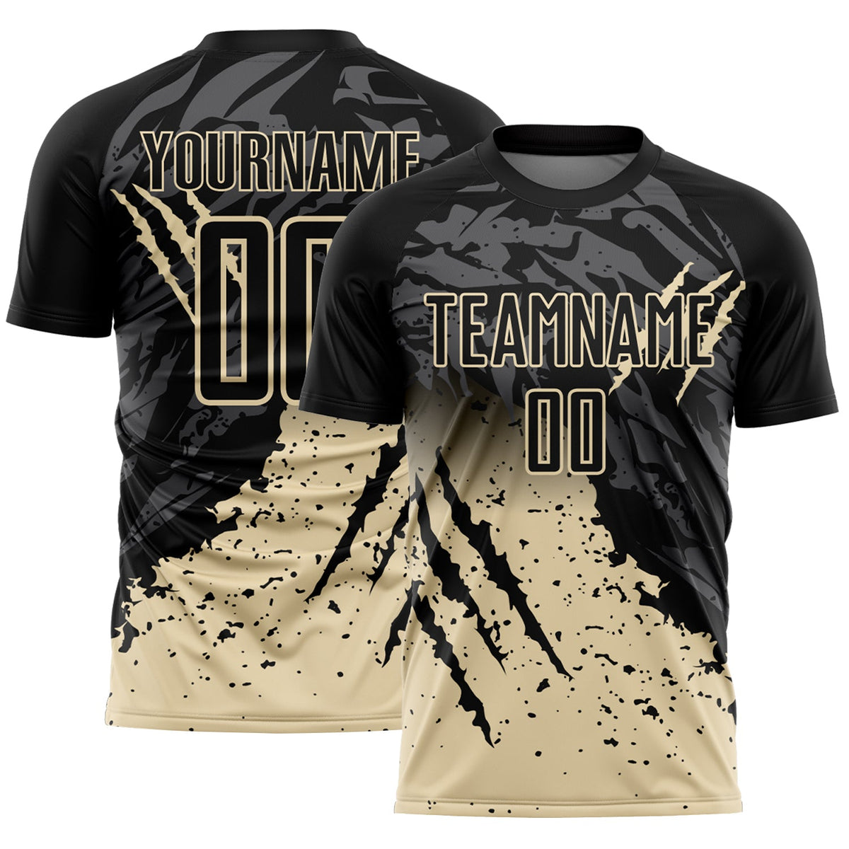 Custom Black Cream Gradient Claw Mark Splatter Sports Sublimation Soccer Uniform Jersey