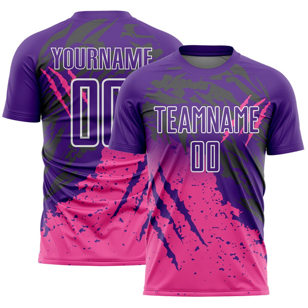 Custom Purple White-Pink Gradient Claw Mark Splatter Sports Sublimation Soccer Uniform Jersey