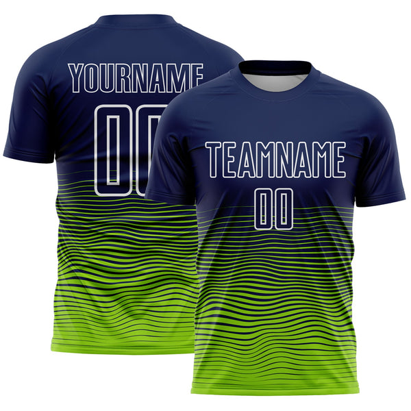 Custom Navy White-Neon Green Gradient Wave Line Sports Sublimation Soccer Uniform Jersey