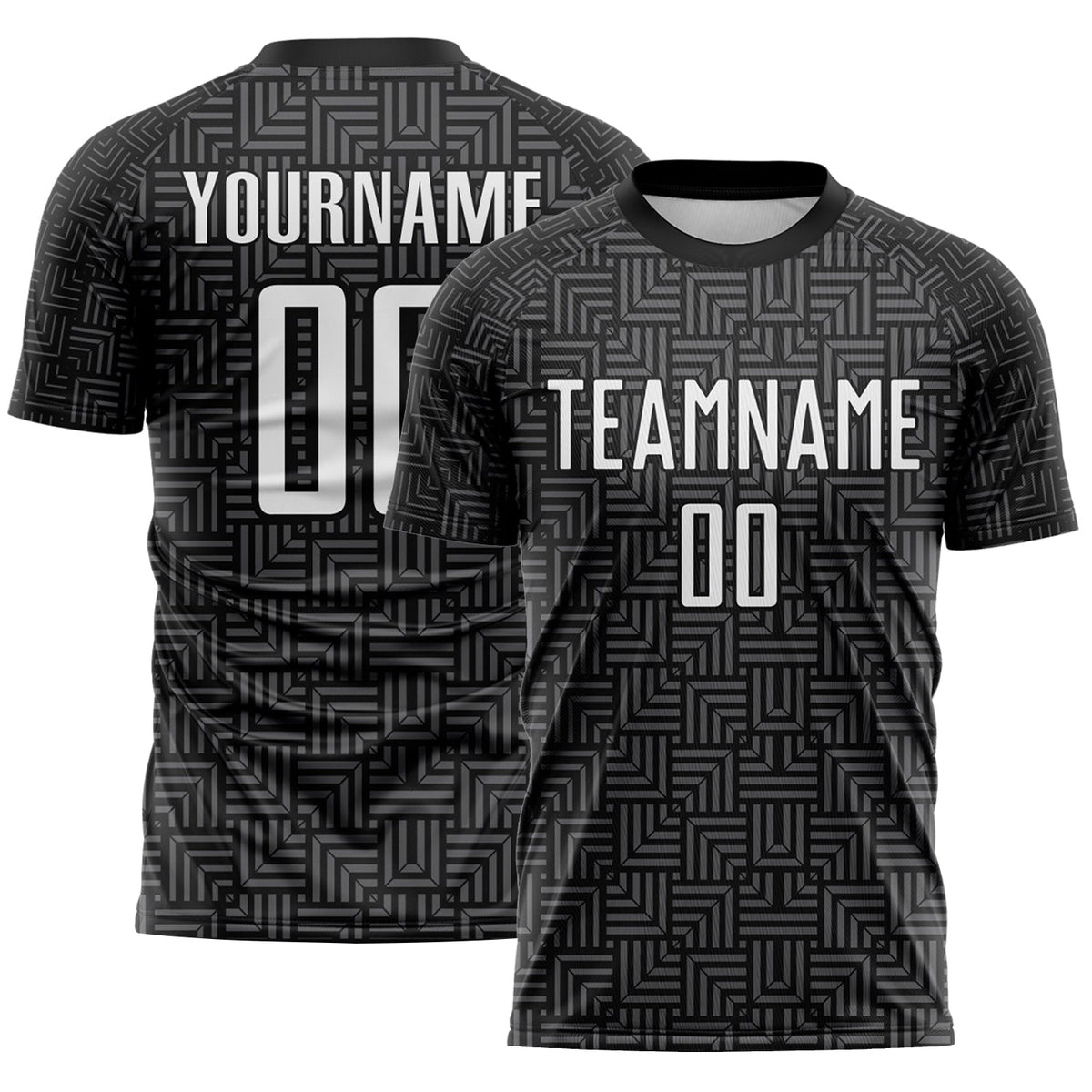 Custom Black White-Steel Gray Geometric Maze Interlocking Square Sports Sublimation Soccer Uniform Jersey