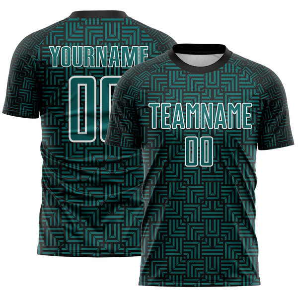 Custom Black Teal-White Geometric Maze Interlocking Square Sports Sublimation Soccer Uniform Jersey