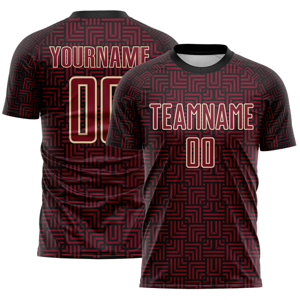 Custom Black Crimson-Cream Geometric Maze Interlocking Square Sports Sublimation Soccer Uniform Jersey