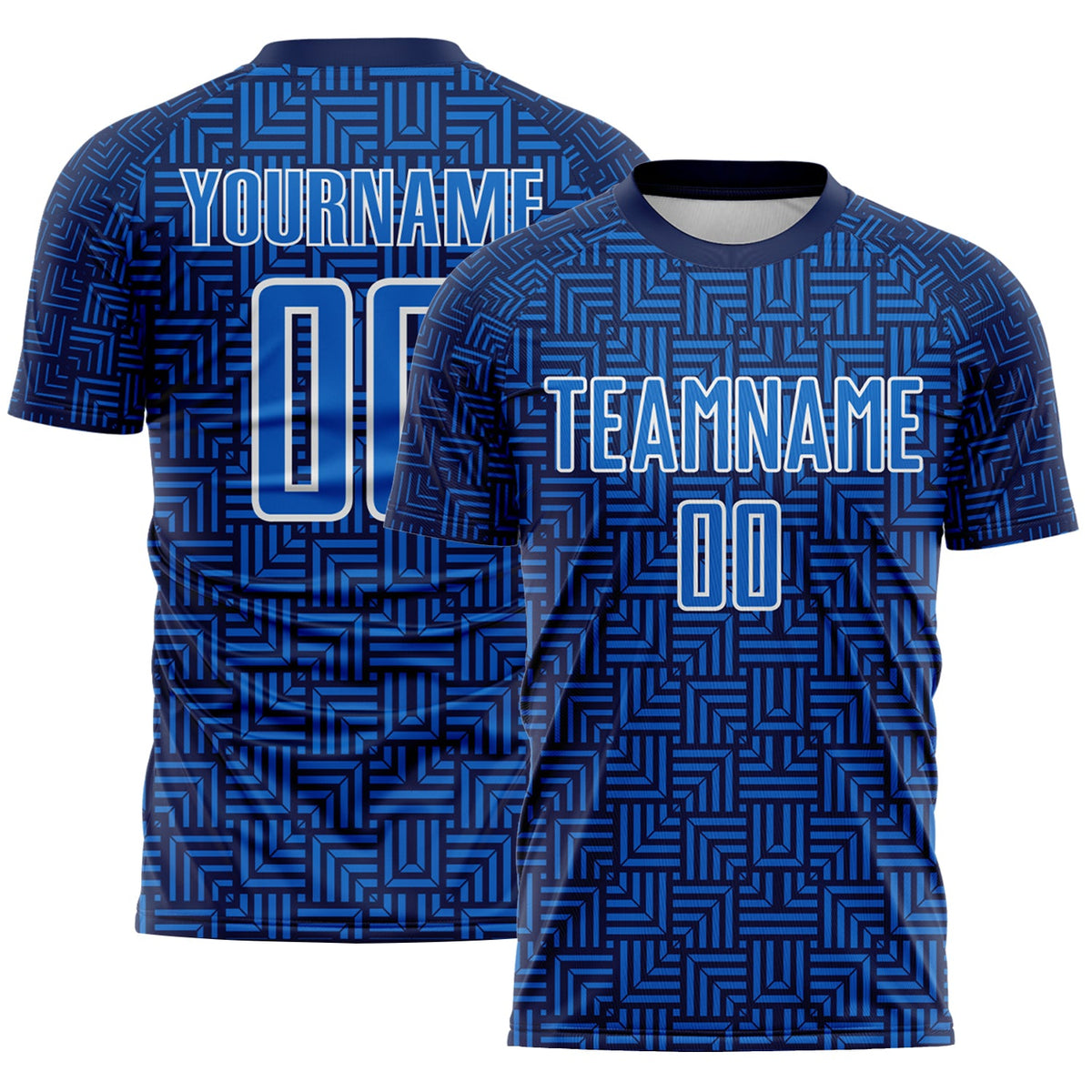 Custom Navy Blue-White Geometric Maze Interlocking Square Sports Sublimation Soccer Uniform Jersey