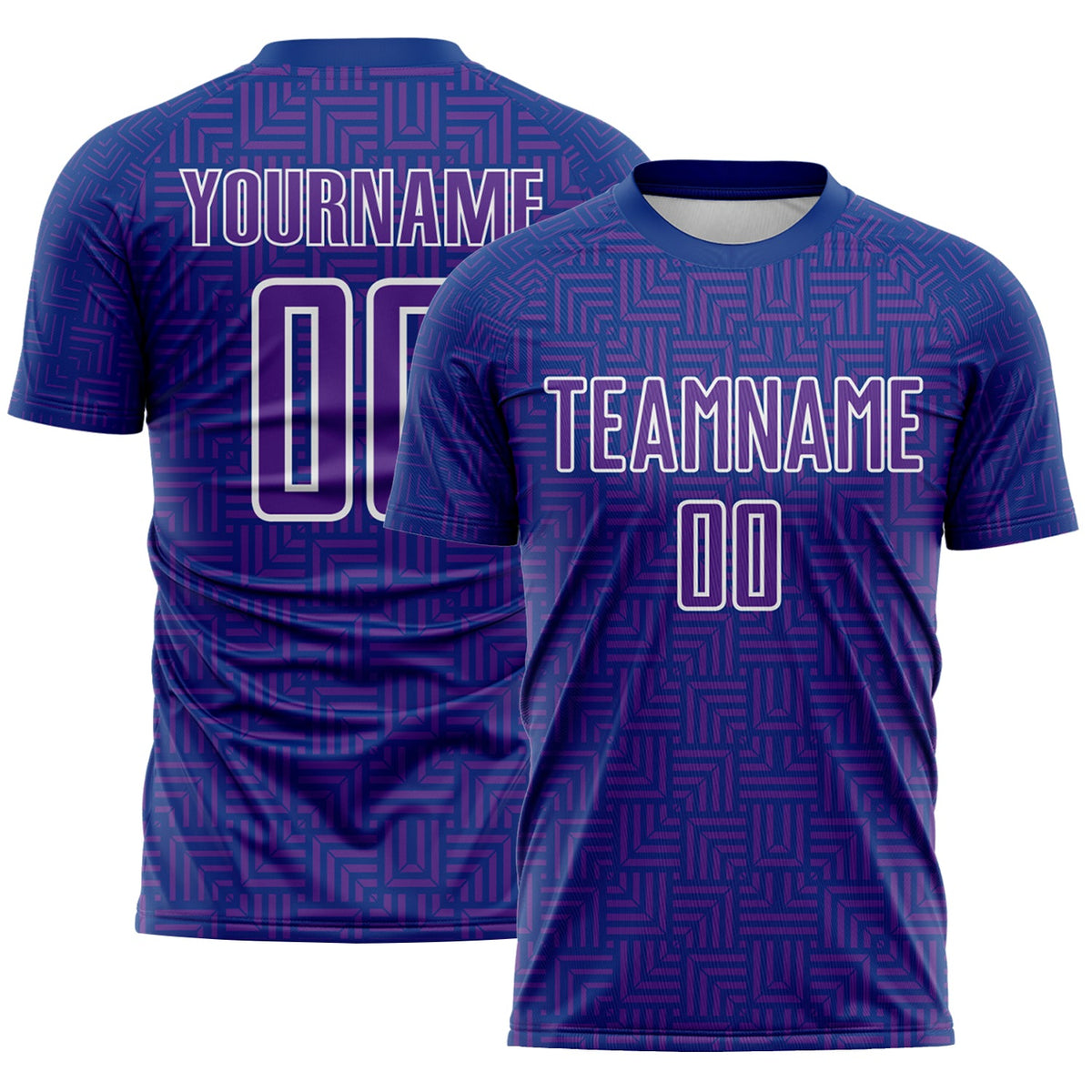 Custom Royal Purple-White Geometric Maze Interlocking Square Sports Sublimation Soccer Uniform Jersey