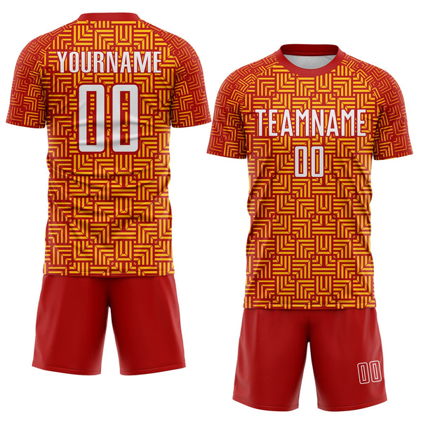 Custom Red White-Gold Geometric Maze Interlocking Square Sports Sublimation Soccer Uniform Jersey alternate