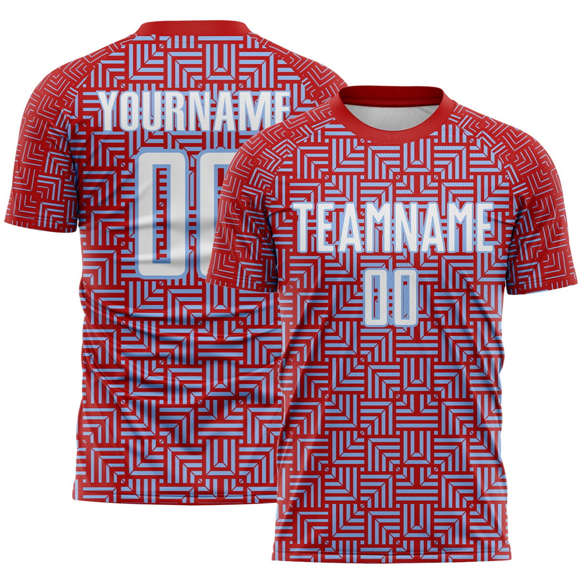 Custom Red White-Light Blue Geometric Maze Interlocking Square Sports Sublimation Soccer Uniform Jersey