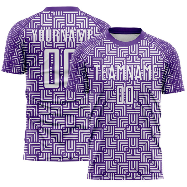 Custom Purple White Geometric Maze Interlocking Square Sports Sublimation Soccer Uniform Jersey