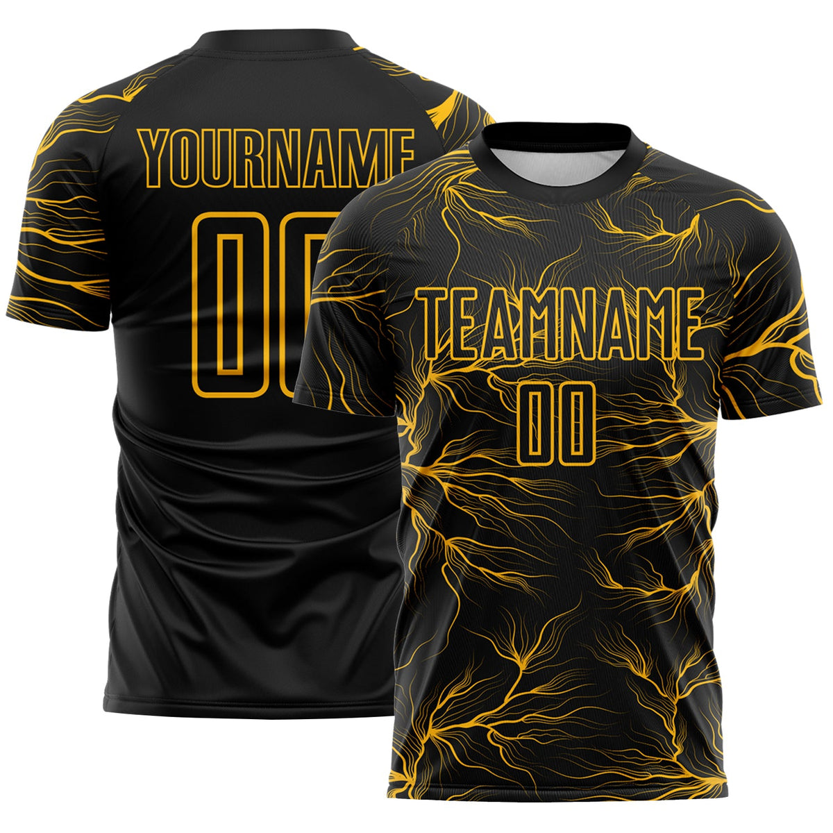 Custom Black Gold Lightning Electric Veins Sublimation Soccer Uniform Jersey