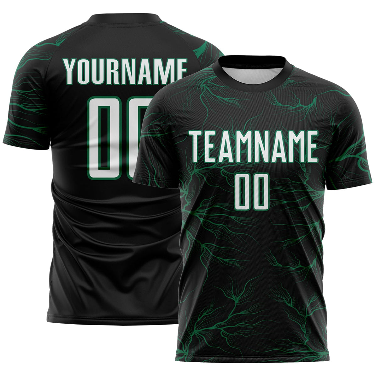 Custom Black White-Kelly Green Lightning Electric Veins Sublimation Soccer Uniform Jersey