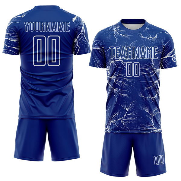 Custom Royal White Lightning Electric Veins Sublimation Soccer Uniform Jersey alternate