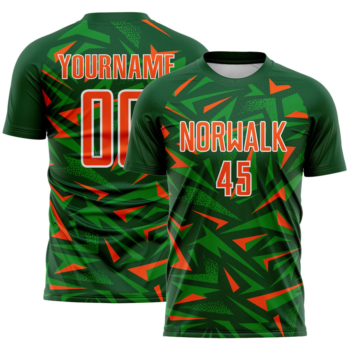 Custom Green Orange Grass Green-White Cyber Mecha E-sport Geometric Shards Spike Sublimation Soccer Uniform Jersey