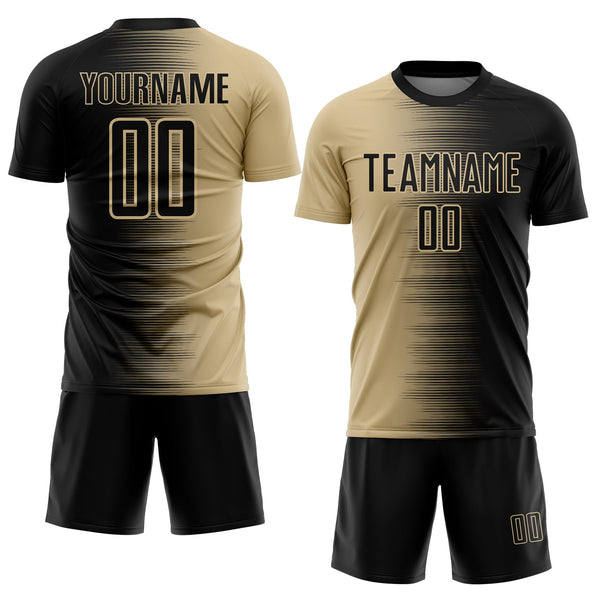 Custom Black Vegas Gold Gradient Line Sublimation Soccer Uniform Jersey alternate