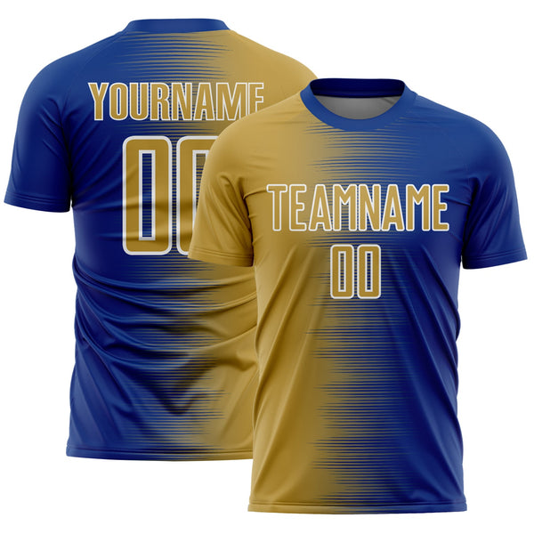 Custom Royal Old Gold-White Gradient Line Sublimation Soccer Uniform Jersey