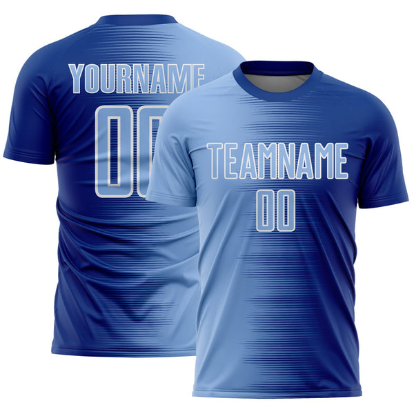 Custom Royal Light Blue-White Gradient Line Sublimation Soccer Uniform Jersey