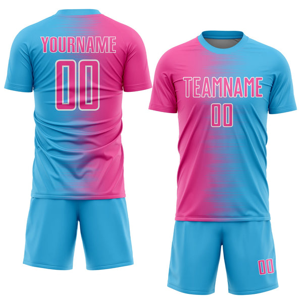 Custom Sky Blue Pink-White Gradient Line Sublimation Soccer Uniform Jersey alternate