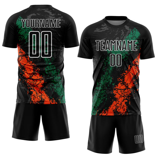 Custom Black White Kelly Green-Orange Dripping Splatter Cracked Texture Sublimation Soccer Uniform Jersey alternate