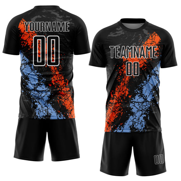 Custom Black White Orange-Powder Blue Dripping Splatter Cracked Texture Sublimation Soccer Uniform Jersey alternate