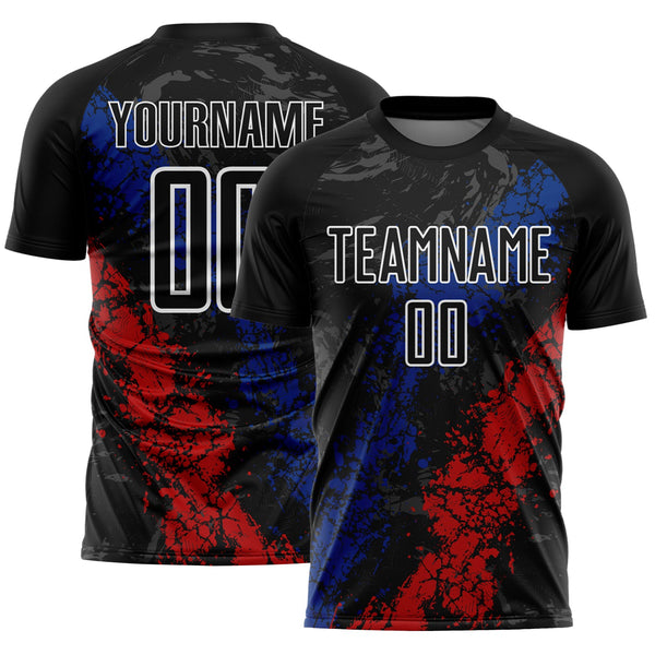 Custom Black White Royal-Red Dripping Splatter Cracked Texture Sublimation Soccer Uniform Jersey