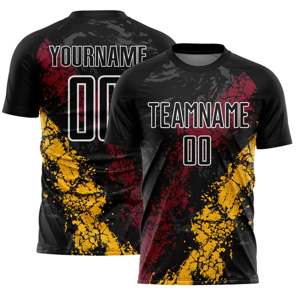 Custom Black White Crimson-Gold Dripping Splatter Cracked Texture Sublimation Soccer Uniform Jersey