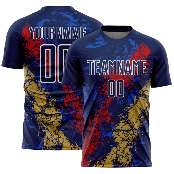 Custom Navy White Red-Old Gold Dripping Splatter Cracked Texture Sublimation Soccer Uniform Jersey