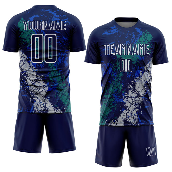 Custom Navy White Teal-Gray Dripping Splatter Cracked Texture Sublimation Soccer Uniform Jersey alternate