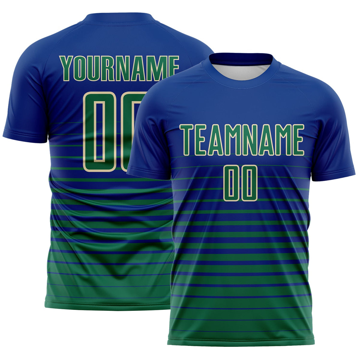 Custom Royal Kelly Green-Cream Gradient Pinstripe Sublimation Soccer Uniform Jersey