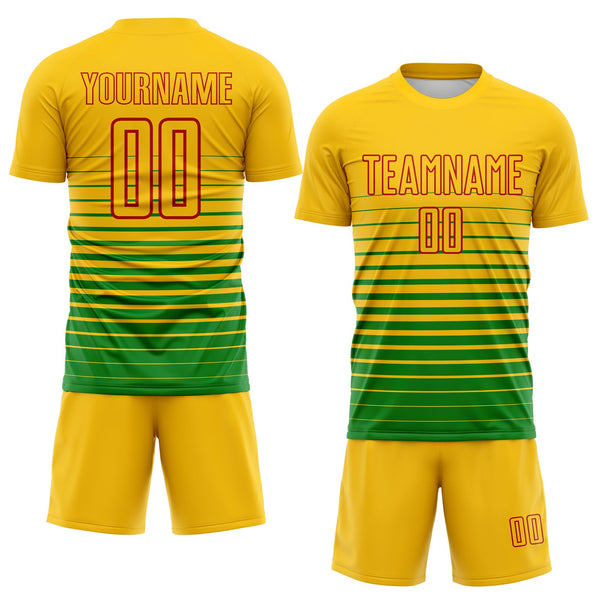 Custom Yellow Red-Grass Green Gradient Pinstripe Sublimation Soccer Uniform Jersey alternate