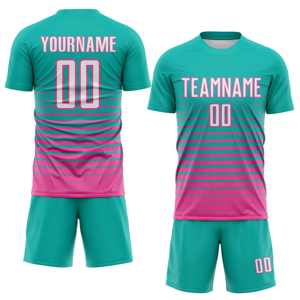 Custom Aqua White-Pink Gradient Pinstripe Sublimation Soccer Uniform Jersey alternate