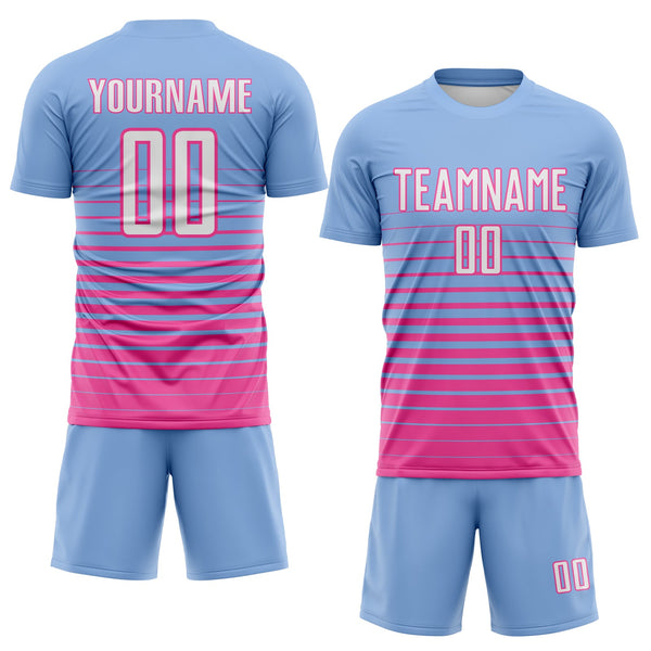 Custom Light Blue White-Pink Gradient Pinstripe Sublimation Soccer Uniform Jersey alternate